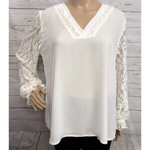 Vintage Studio by JPR Blouse Large Solid White Lace Sleeves V-Neck Semi-Sheer